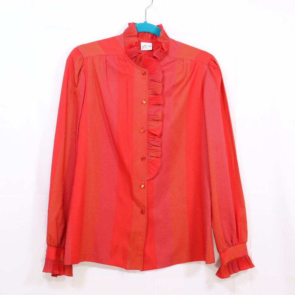 Styled by Terry Chicago Blouse Red Women Ruffle‎ Neck Striped Vintage Top